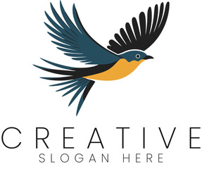 Elegant Blue Bird in Flight Logo Design Template art icon black wings clean image flying yellow     