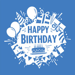 Happy Birthday graphic illustration with cake, gift boxes, balloons, cone hats on blue color