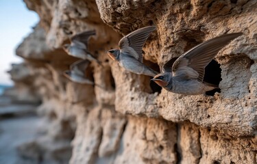Sand martin living on the cliff