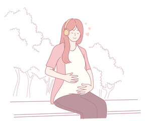 A serene illustration of a pregnant woman enjoying soothing music outdoors, radiating joy and happiness