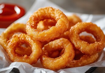Crispy and Golden Brown Deep Fried Onion Rings Served in a Basket on White Paper with Red Dipping Sauce in the Background