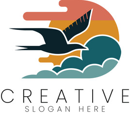 Abstract Bird Flying Sunset Cloudscape Design Logo Vector Graphic Illustration sky sea art hope icon