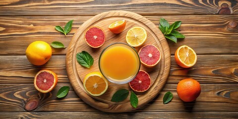 A Refreshing Citrus Blend  Juicy Oranges, Grapefruits, and Lemons Arranged on Wooden Board with Fresh Mint Leaves