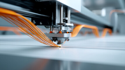Close-up of industrial machine printing process, showcasing orange cables and precise mechanism, symbolizing modern technology and manufacturing precision