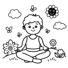 Happy Boy Meditating in a Flower Garden Coloring Page Illustration
