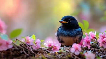 Obraz premium Bird Perched Amidst Pink Blossoms in Nature's Embrace