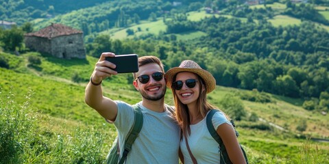 A couple is taking a selfie in a grassy field
