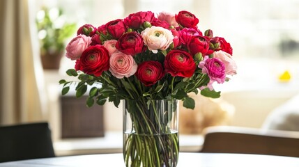 Obraz premium A vase of red and pink flowers sits on a table