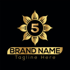 Vector illustration of a gold medal with ribbon is a best award icon, a golden sign of victory 5 logo design 
