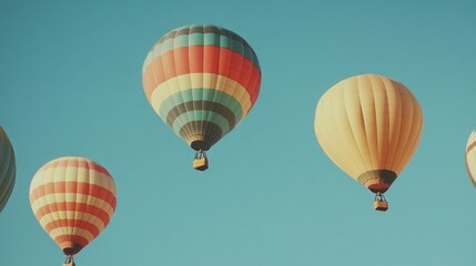 Obraz premium Colorful hot air balloons soar in clear blue sky, peaceful landscape background, travel