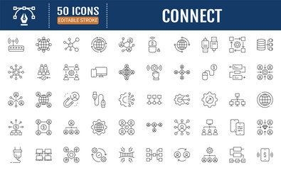 Connect line editable icon set. Containing network, join, collaboration, connectivity, interaction, cable, integration, connection and more. Vector Illustration