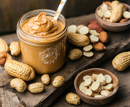 Jar of Peanut Butter with Peanuts and Almonds - Powered by Adobe