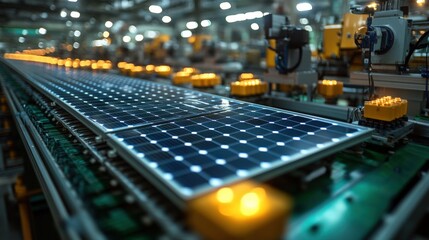 Obraz premium Solar panel production line in a modern factory, showcasing automated machinery and vibrant lights