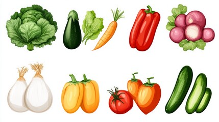 A collection of vegetables including carrots, tomatoes, cucumbers, and onions