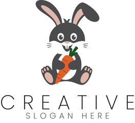 Adorable Cartoon Rabbit Holding Carrot Vector Illustration cute logo icon kids baby grey pink flat  
