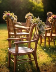 Obraz premium Blumenkränze auf alten Holzstühlen