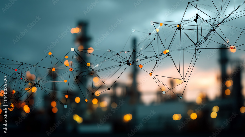 Poster Abstract network structure with nodes and connections, set against a blurred industrial backdrop at sunset, symbolizing global connectivity and complex systems