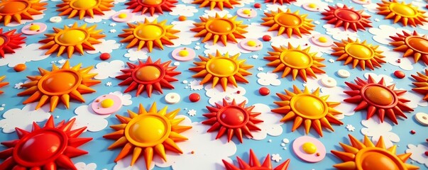 Colorful sun symbols arranged in a seamless pattern, yellow, backdrop, abstract