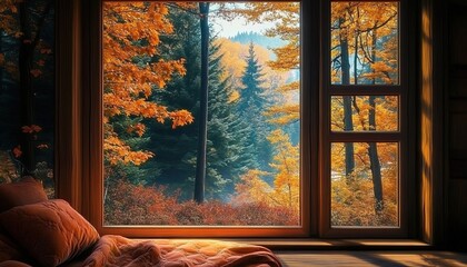 Autumn forest view through a window with leaf-patterned bedding.