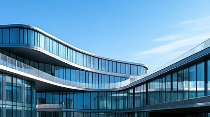 Fototapeta premium Wavy glassy office structure beneath vibrant sky