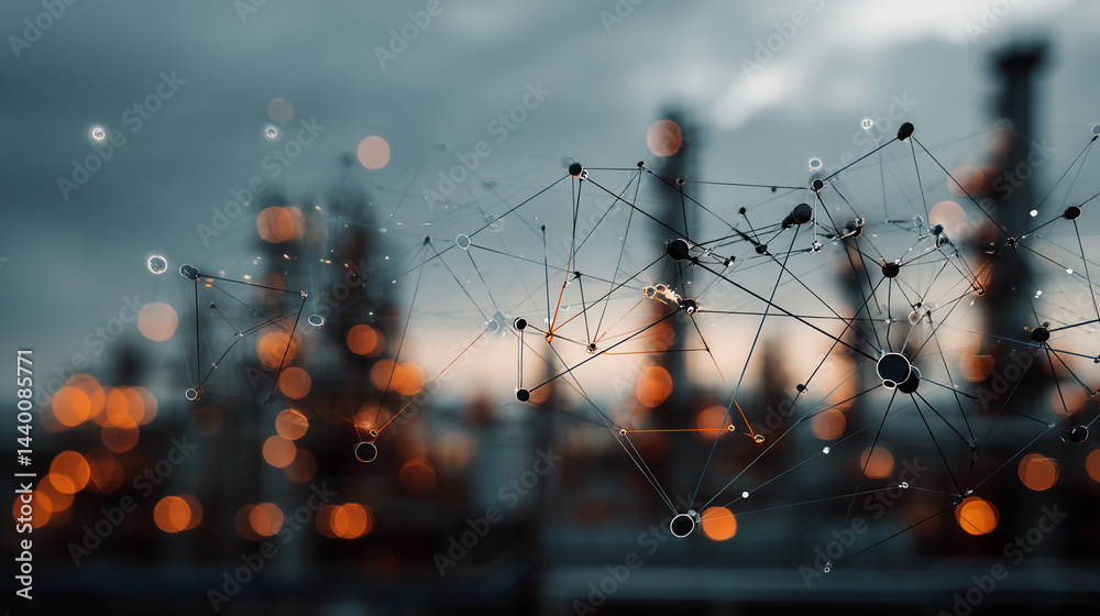 Poster abstract network structure, dark lines connecting nodes, blurred industrial background lights, sugge