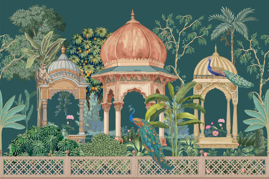 Mughal garden at night with peacock, bird, plant and botanical tree landscape illustration seamless pattern