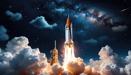A rocket launch into space leaves a thick trail of smoke.