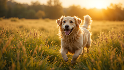 Dog golden retriever running in the grass