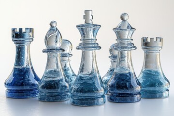 Glass Chess Pieces Filled with Blue Liquid Strategy Game Concept Elegant Design Crystal Clear