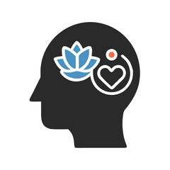 Mindfulness and Well-being: Head with Lotus, Heart and Orange Dot Icon