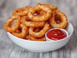 Crispy Fried Onion Rings Served with Ketchup in a White Bowl on a Rustic Wooden Surface for Delicious Snack Food Concepts