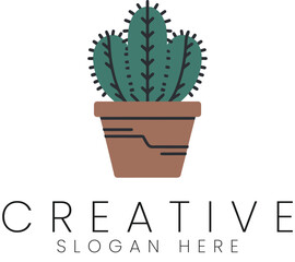 Cute Cactus Potted Plant Minimalist Design Illustration art icon logo flat home green brown image   