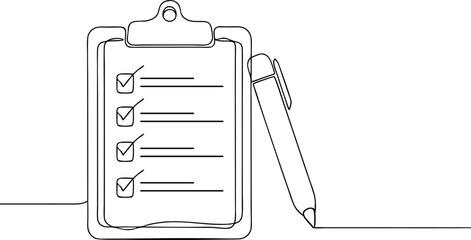 continuous line drawing of clipboard with checklist and pen in clean black and white modern office style