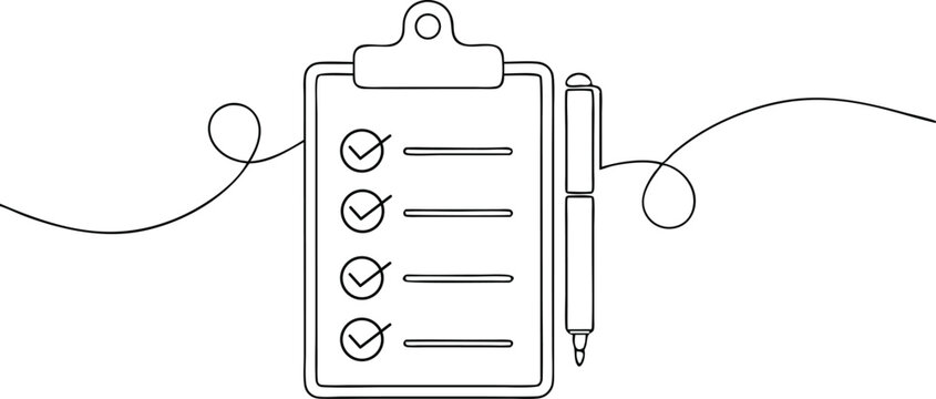 continuous line drawing of clipboard with checklist and pen in clean black and white modern office style