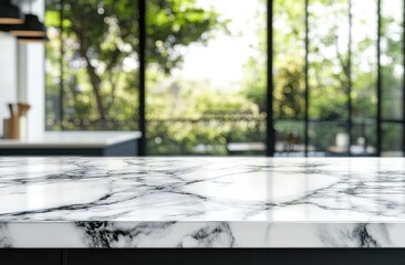 Elegant Marble Countertop with Blurred Kitchen and Lush Greenery Beyond the Window