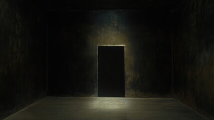 Empty room, dark and mysterious.  A single door stands in the center of a large, dimly lit space