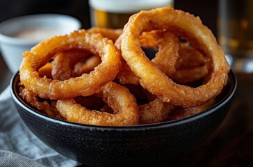 Crispy golden fried onion rings served in a black bowl on a wooden table with dipping sauce and beverages in the background