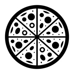 A vector illustration of a black pizza icon on a white background