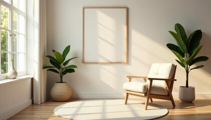 Contemporary square living room poster featuring a single comfortable beige armchair, calm ambiance, tranquility, Scandinavian style, relaxation