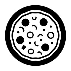 A vector illustration of a black pizza icon on a white background