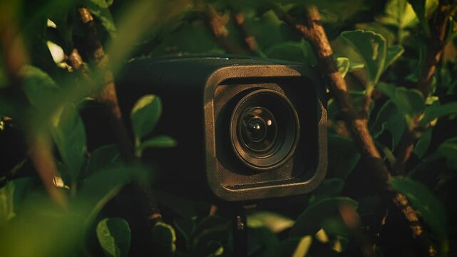 Hidden surveillance camera nestled among dense green foliage, capturing covert footage during golden hour lighting with cinematic depth and realism.