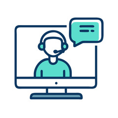 Online Customer Support Icon with Headset and Speech Bubble on Screen