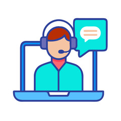 Customer Support Agent with Headset on Laptop, Online Assistance Icon