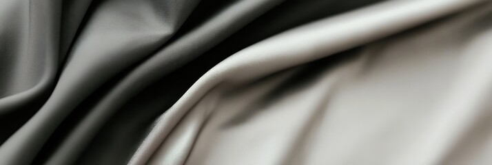 Obraz premium Smooth satin fabric texture. Gray and beige folded textile background, close up. Soft silky surface
