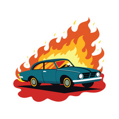 Burning Car Illustration Vintage Muscle Car in Flames Vector Art.