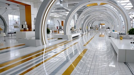 Obraz premium Modern Futuristic Architecture Interior Design White and Gold Hallway with Arched Ceilings
