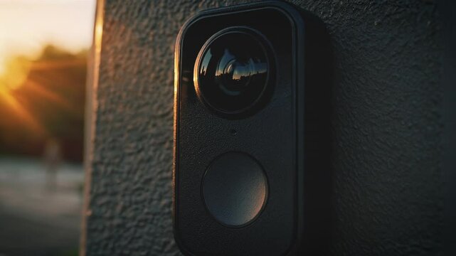 High-definition interior security camera placed on a flat surface, showing a blurred modern home in the background with cinematic lighting and bokeh.