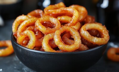 Crispy Golden Onion Rings in a Black Bowl Ready to Serve as a Delicious Snack or Appetizer in a Relaxed Dining Setting