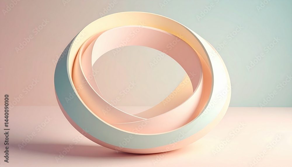 Poster dynamic abstract sculpture displaying interlocking forms in soft pastel colors indoor setting artist