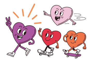 Cartoon heart characters expressing joy and friendship on skateboards and walking